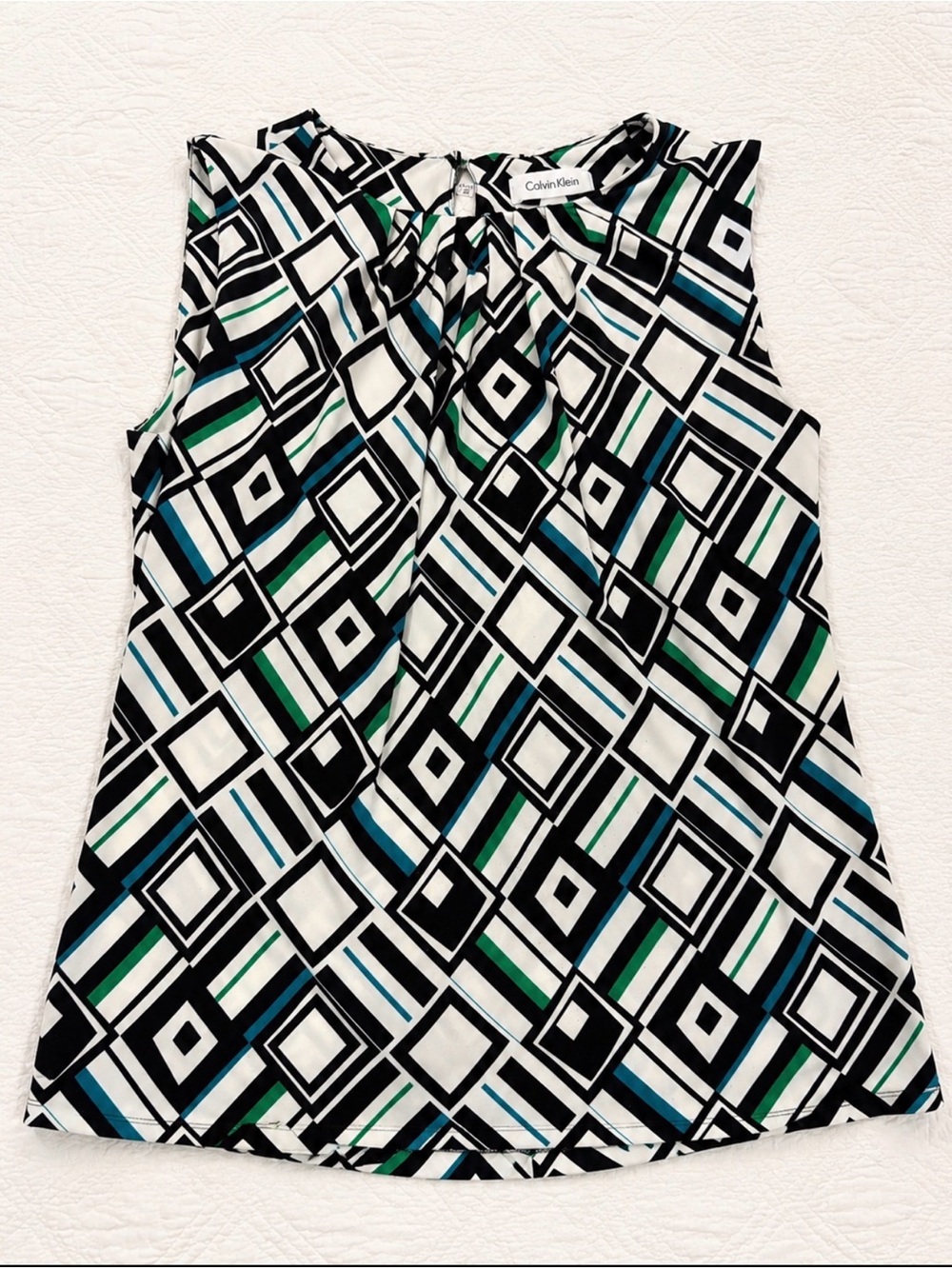 Calvin Klein Black Geo Print Sleeveless Top with Blue & Green Accents .Size S